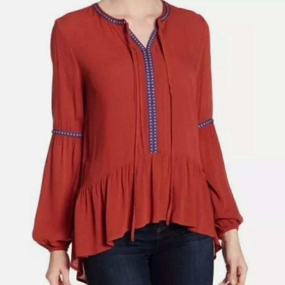 Ro & De Boho Ruffle Tie Neck Top